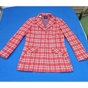 Vintage 70s Polyester Shirt Jacket Red Plaid Wide Lapel Blevle Hooper Med Sz‎ 12